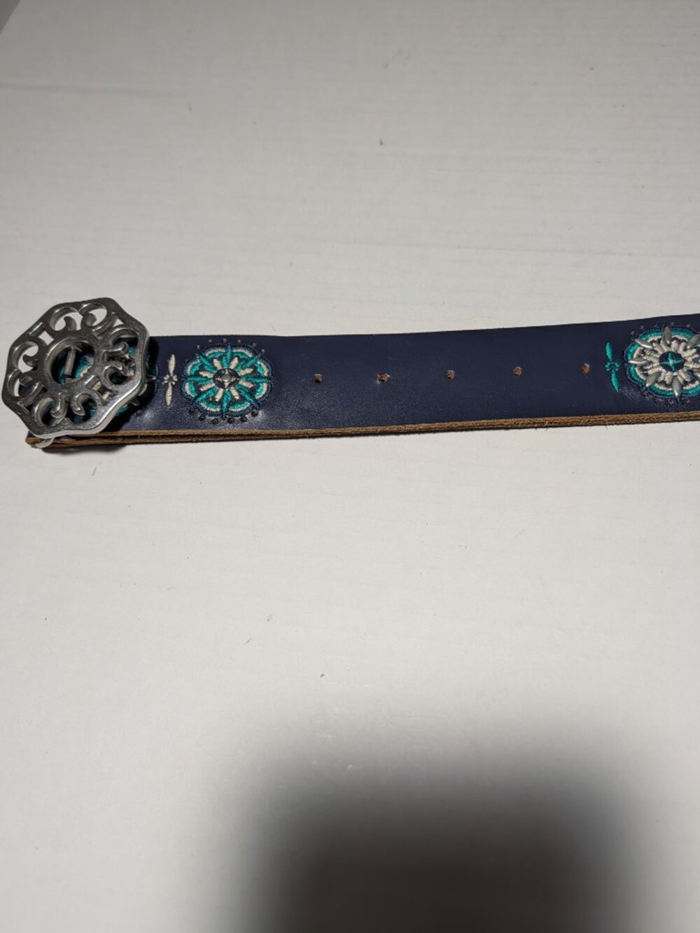 Lucky Brand Leather Embroidered Floral Belt Western Dark Blue - Picture 6 of 6